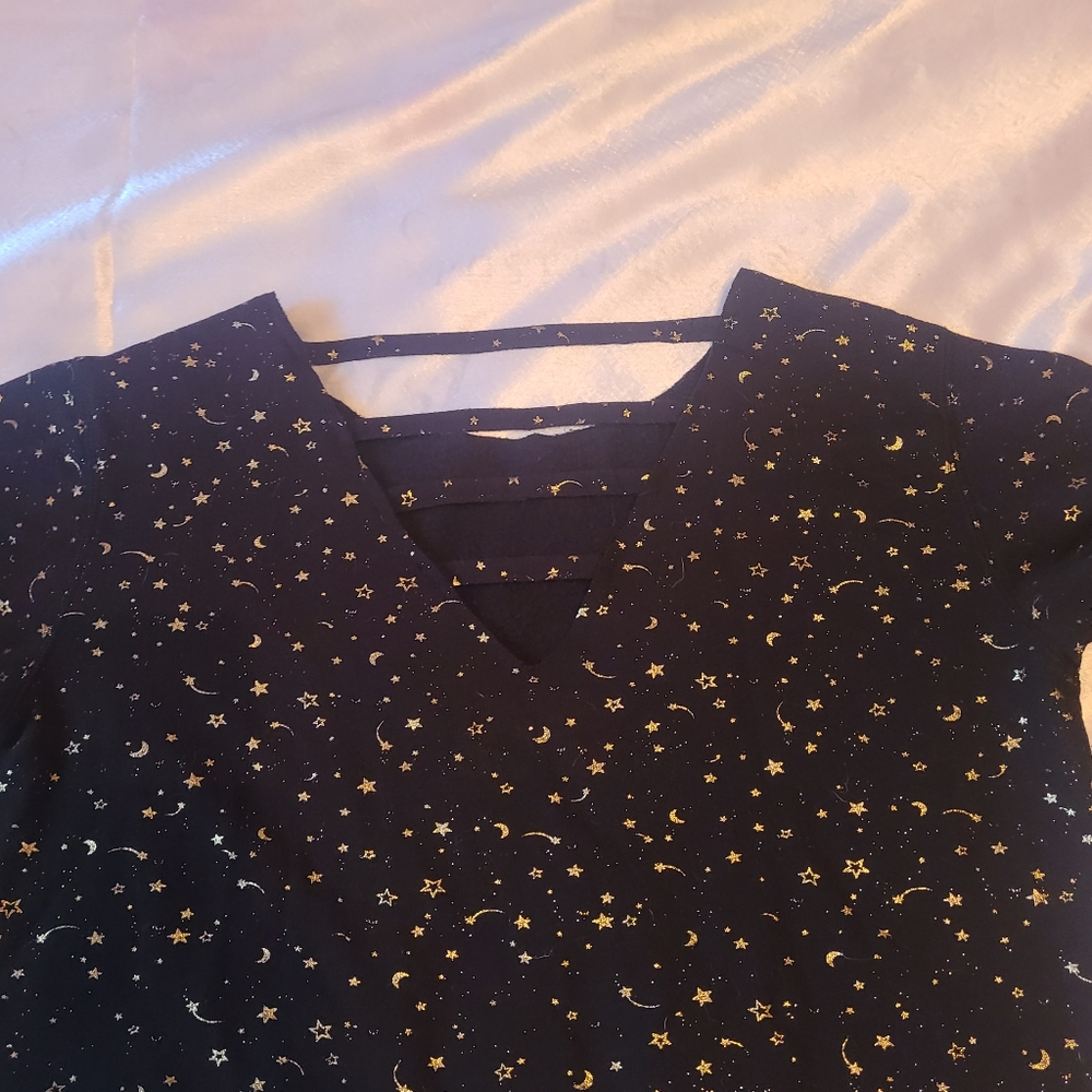Flirty Attitude Fleece black long sleeve crop top  black  & gold stars size XS